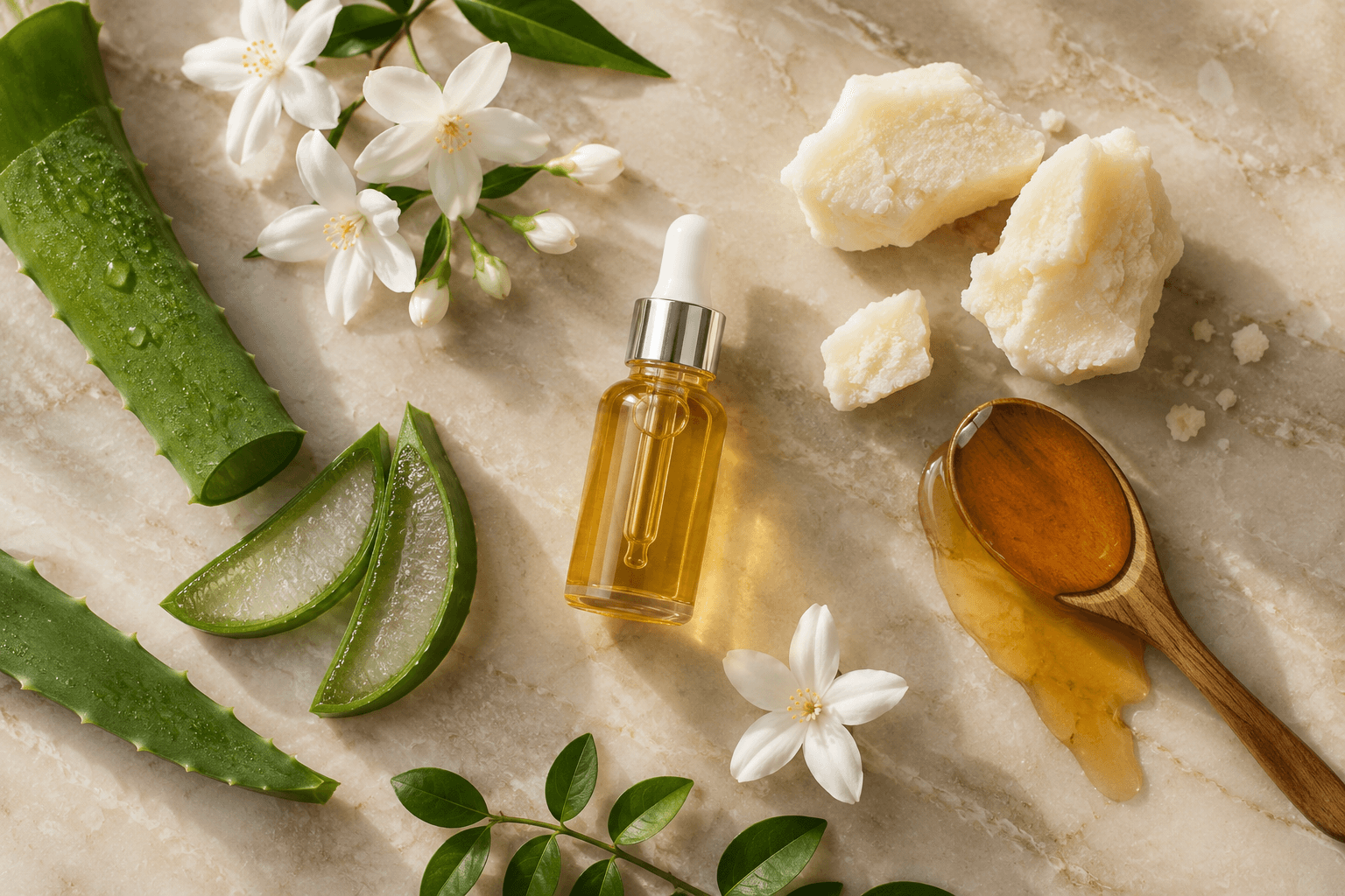 Natural skincare ingredients flatlay — jasmine, aloe vera, oils